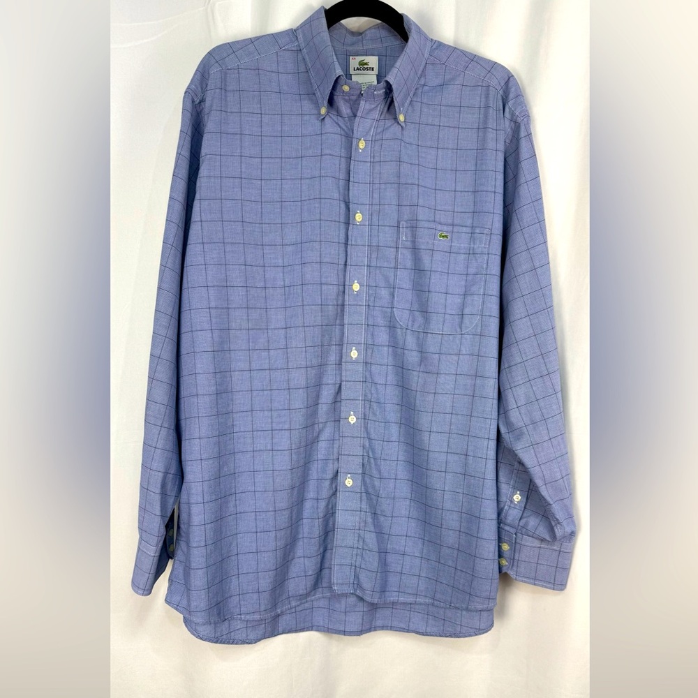 LACOSTE Men’s Plaid long Sleeve Button-Down Shirt, Size 44 Regular Fit Blue